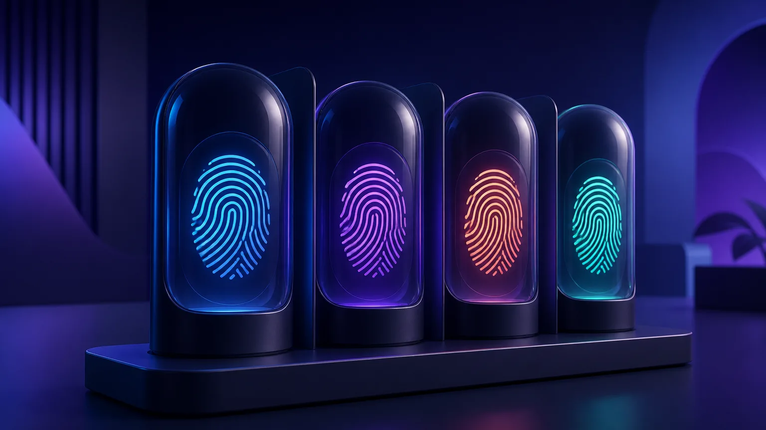 Several distinct browser-profile capsules in a row, each sealed separately and displaying a different simple fingerprint swirl, representing isolated spoofed identities