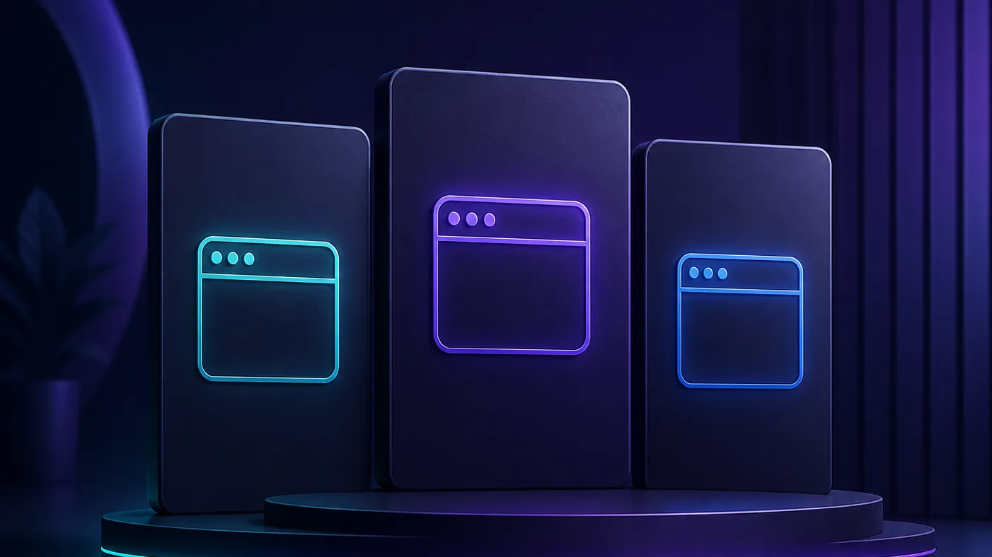 Three product cards standing side by side on a podium like a ranking, each with a small browser-window icon, representing a comparison of antidetect browsers
