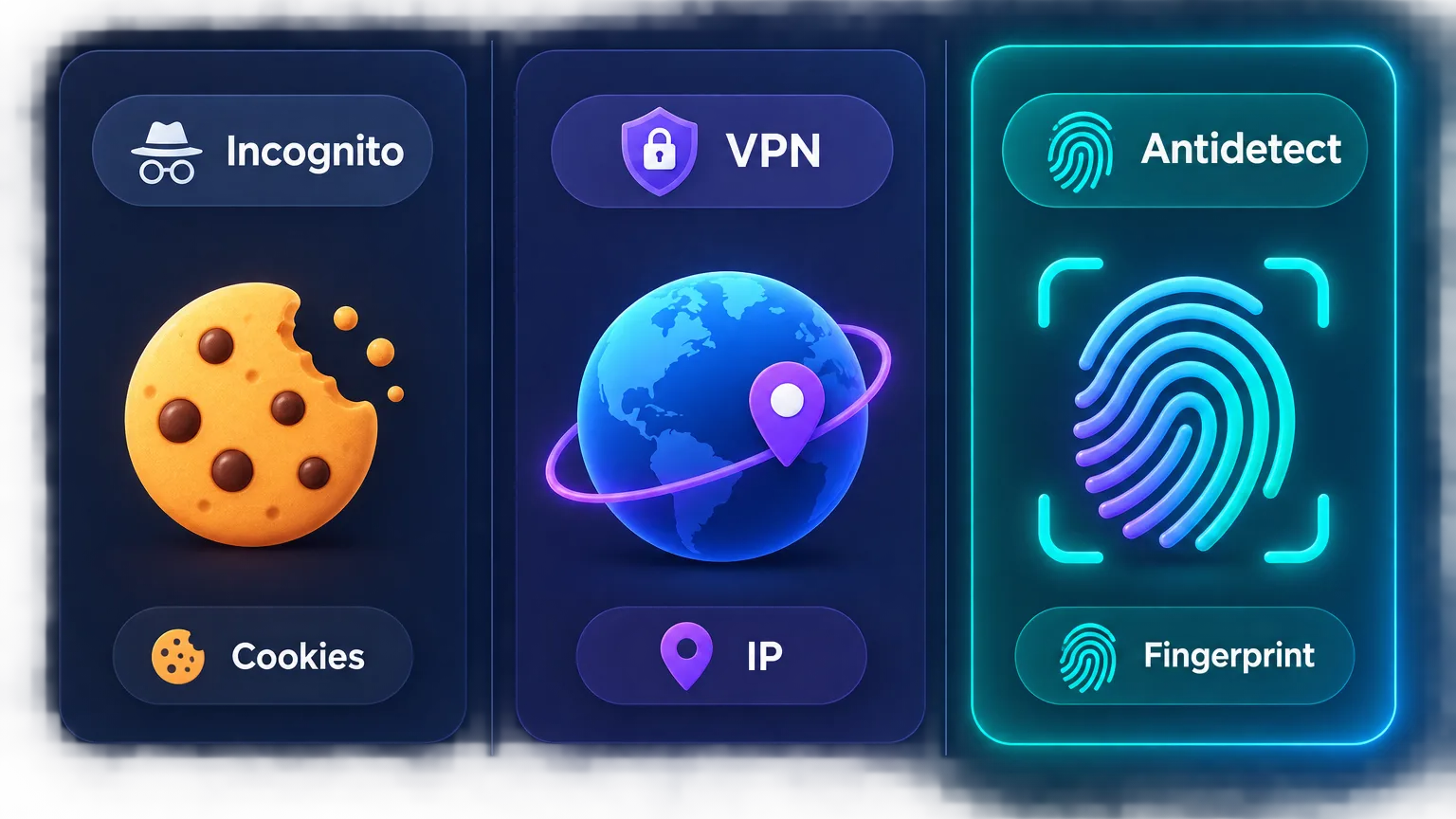 Comparison diagram: incognito mode only clears cookies, a VPN changes your IP, and an antidetect browser changes your fingerprint — the signal platforms use most to link accounts
