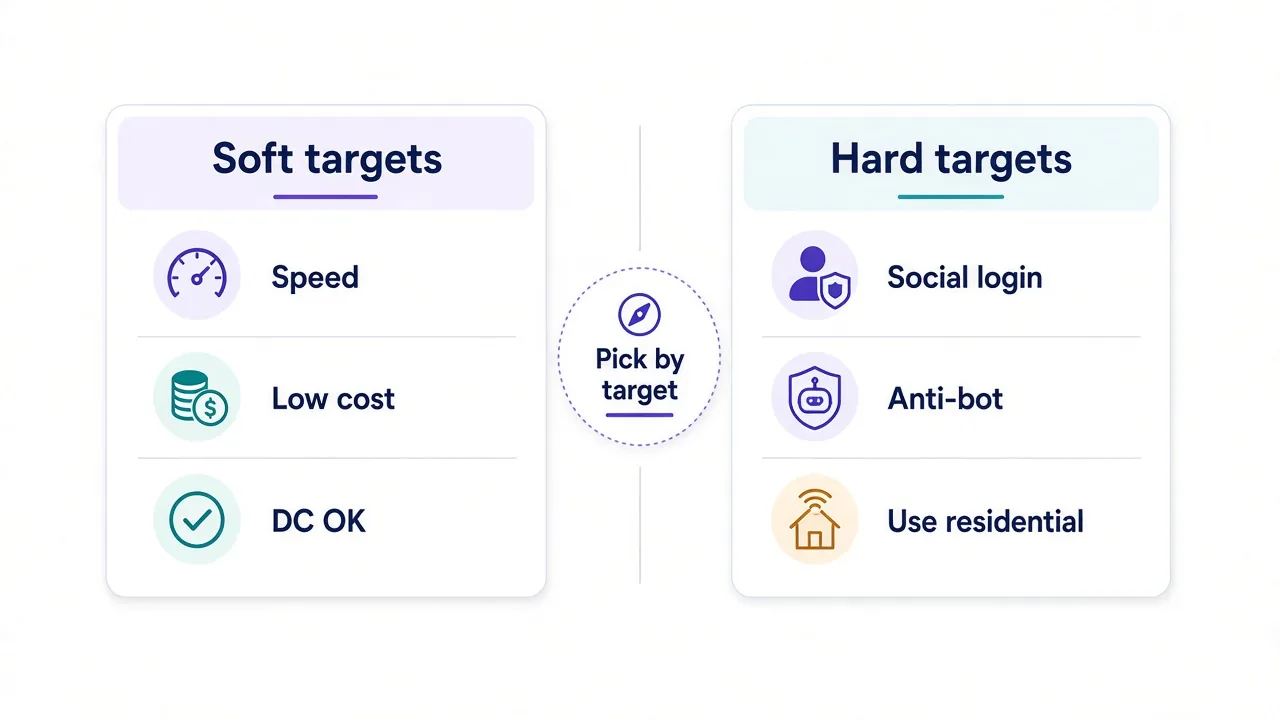 Diagram comparing when datacenter proxies win versus when residential is safer, with soft-target and hard-target columns