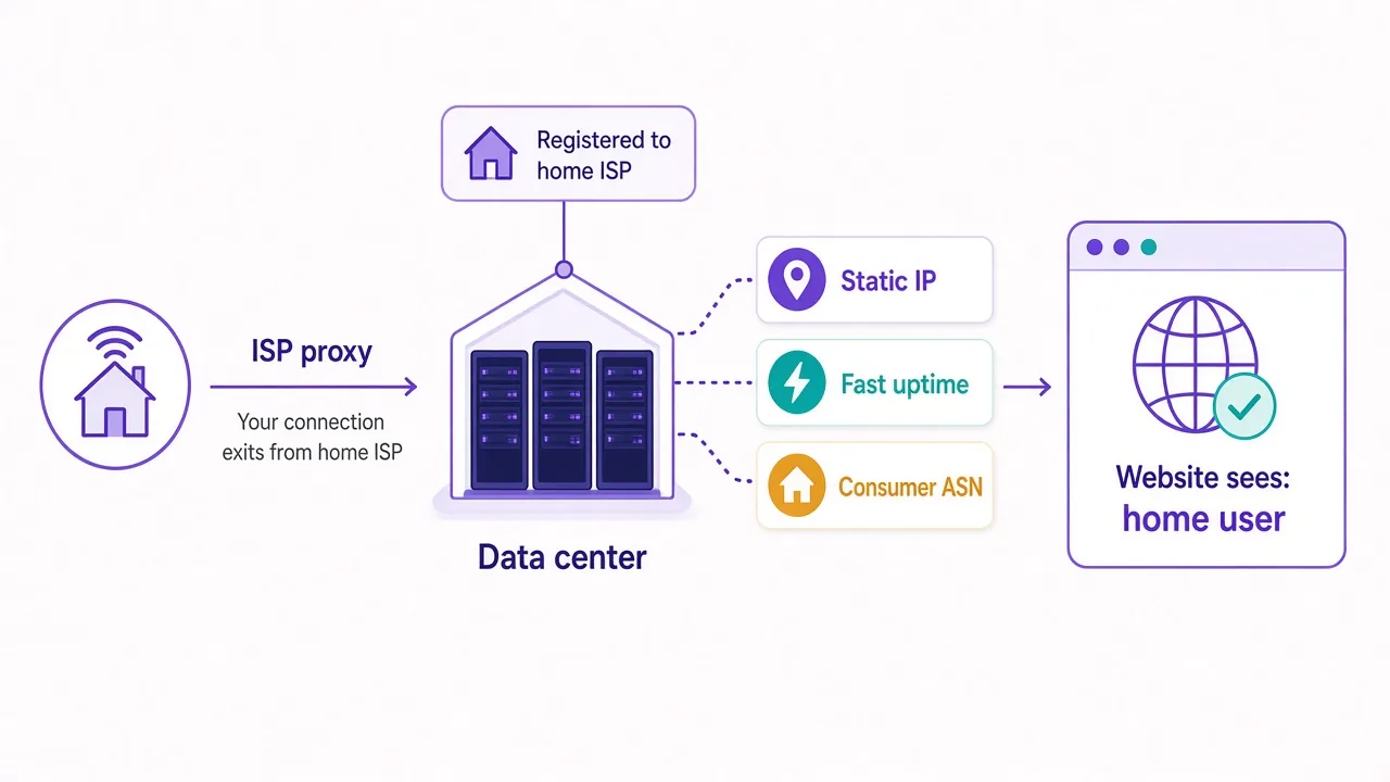 Diagram showing an ISP proxy as a server in a data center whose IP is registered to a home internet provider, combining static IP, speed and a consumer ASN