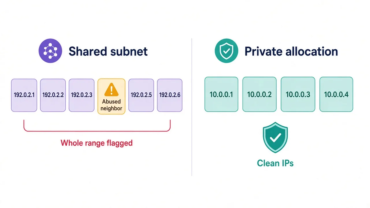 Diagram of a shared subnet where one abused neighbor IP causes a site to flag the whole block, compared with a clean private allocation