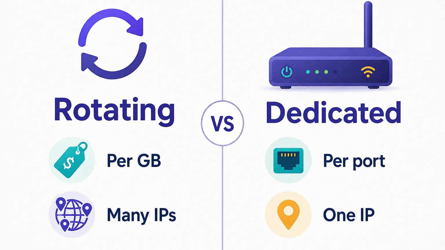 Split comparison of the two mobile proxy pricing models: rotating bandwidth billed per gigabyte versus a dedicated port billed monthly