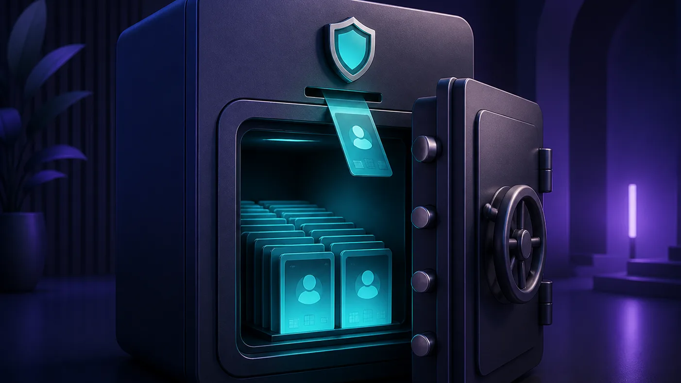 A secure vault holding rows of glowing credential key cards, with one card being checked out through a controlled slot beneath a shield, representing a privileged credential vault