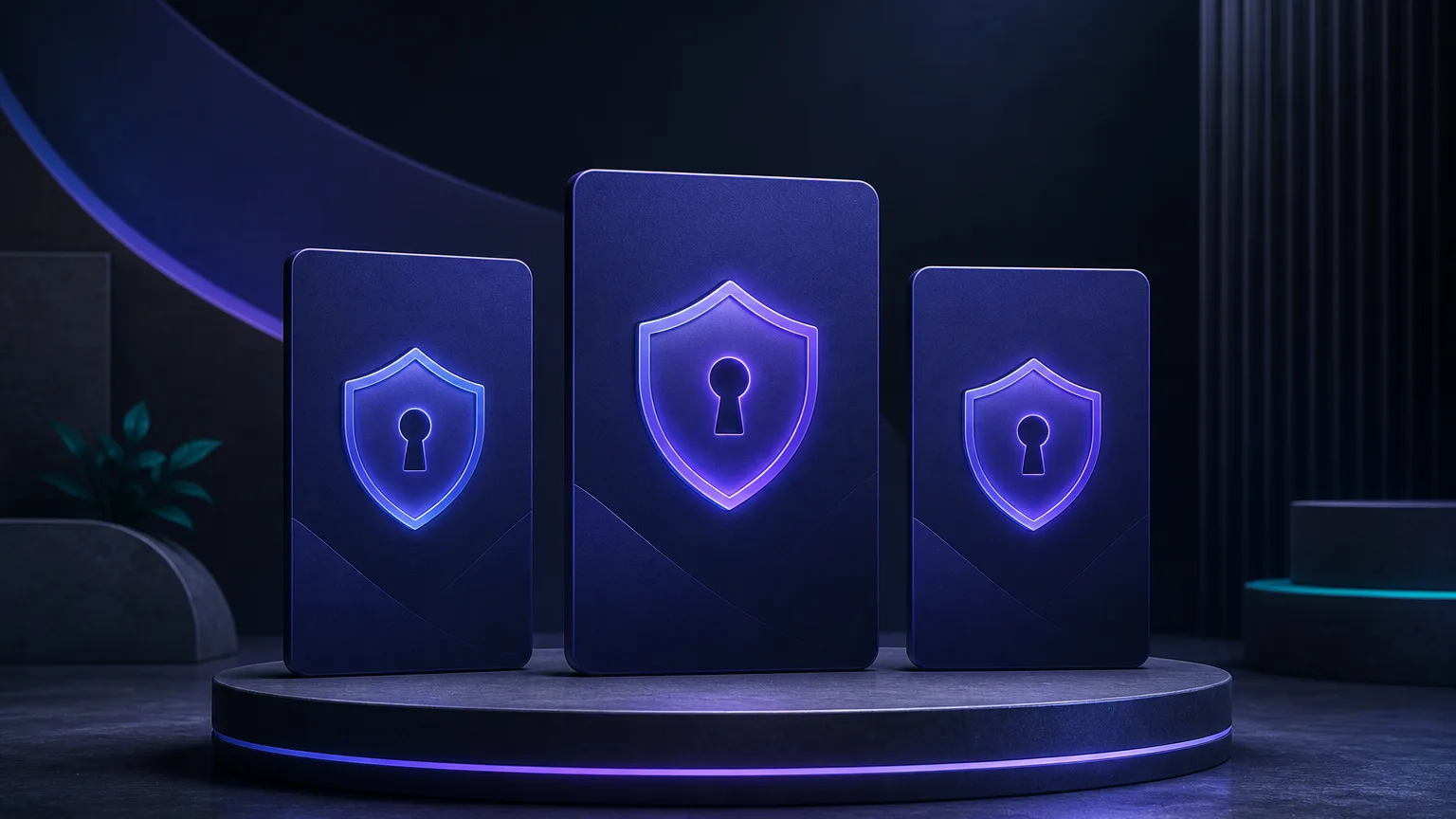 Three product cards standing side by side on a podium like a ranking, each with a small shield-and-key icon, representing a comparison of PAM tools