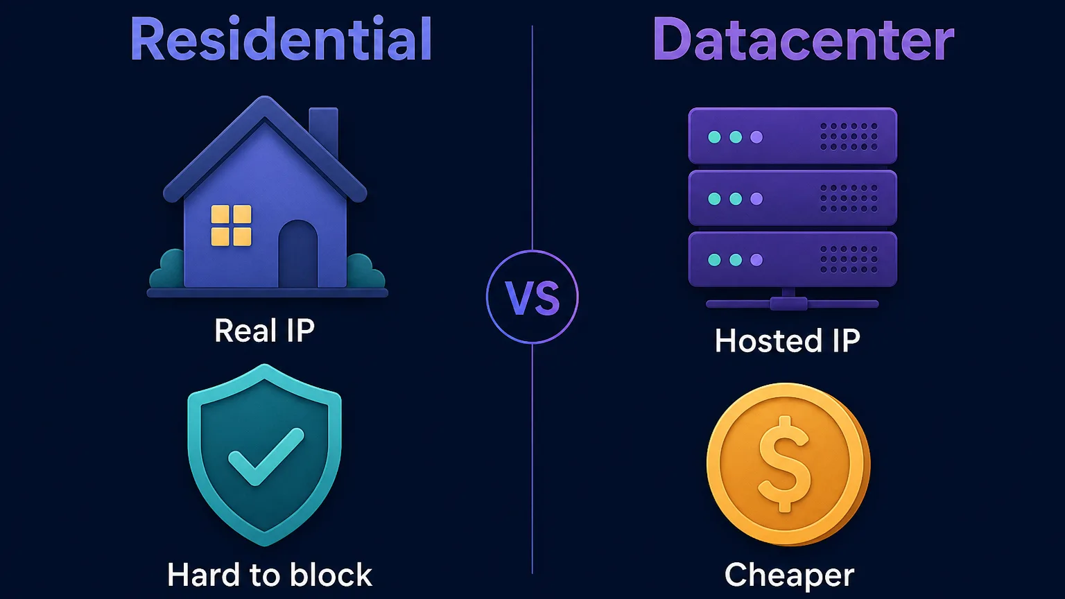 Comparison diagram: residential proxies use real ISP IPs that are hard to block but pricier, while datacenter proxies use hosted IPs that are cheaper and faster but easier to block