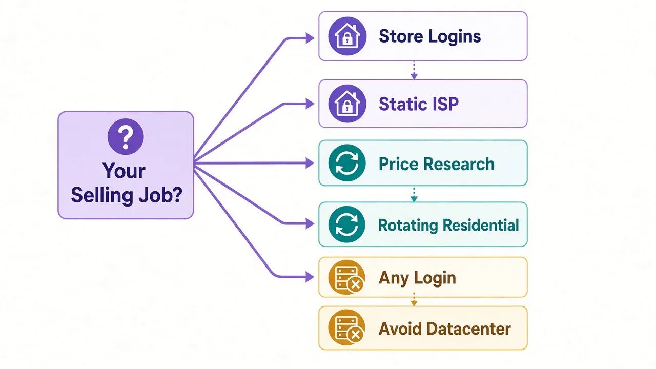 Decision diagram matching eBay and Etsy seller jobs to proxy types: store accounts use static ISP proxies, research uses rotating residential, and datacenter IPs are avoided for logins