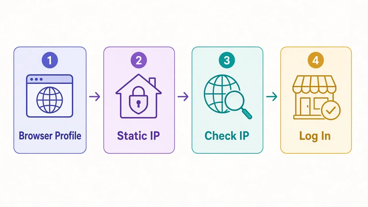 Four-step setup for eBay and Etsy sellers: one browser profile per store, one static IP per profile, check the IP, then log in only from that profile