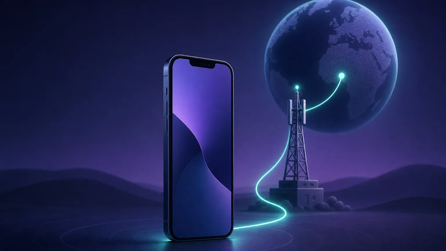 A smartphone in the foreground linked to a small cellular tower and a soft globe by one glowing teal route, depicting mobile-carrier IP trust