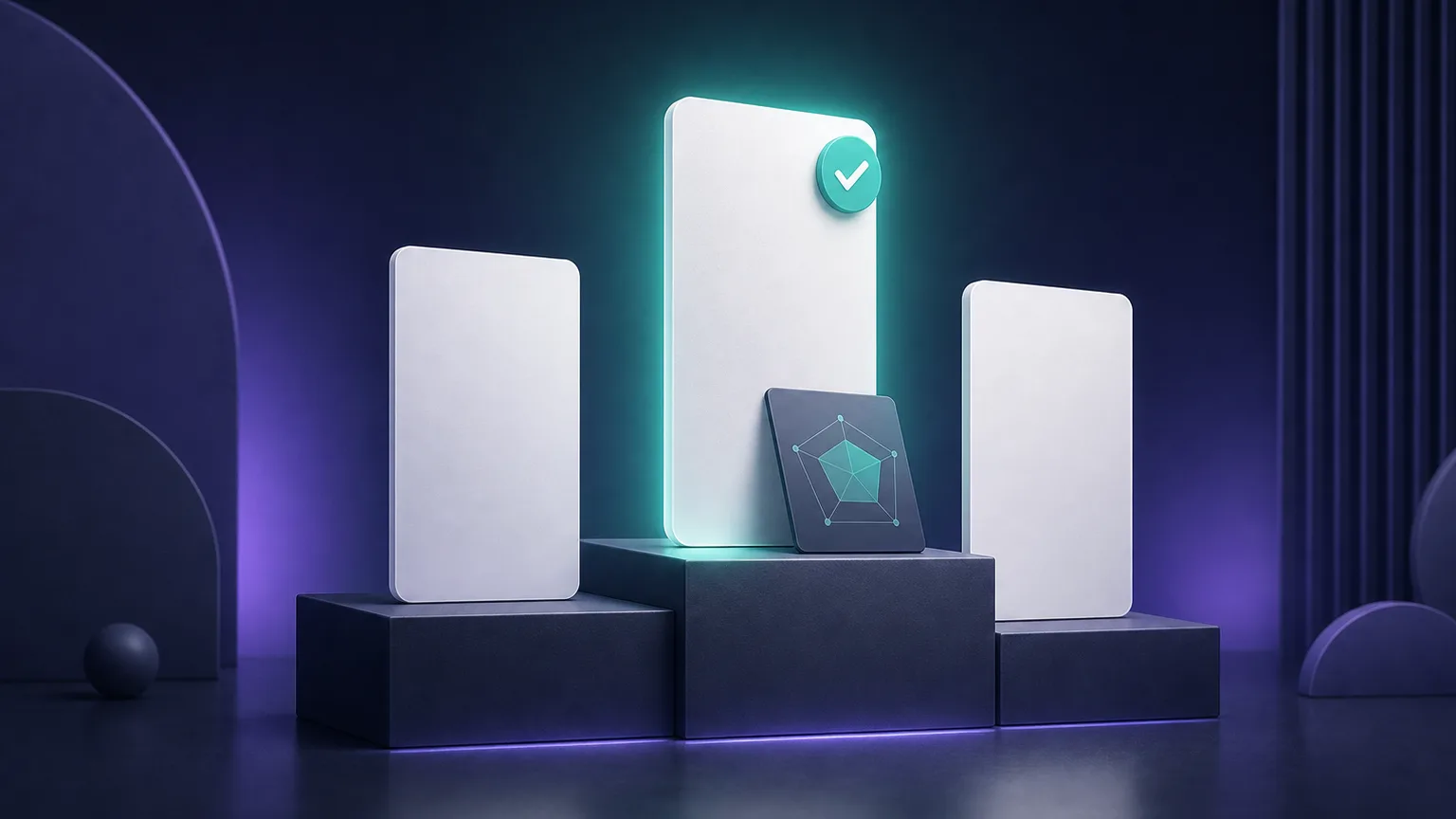 A three-step podium with three upright product cards, the tallest center card glowing with a teal check badge