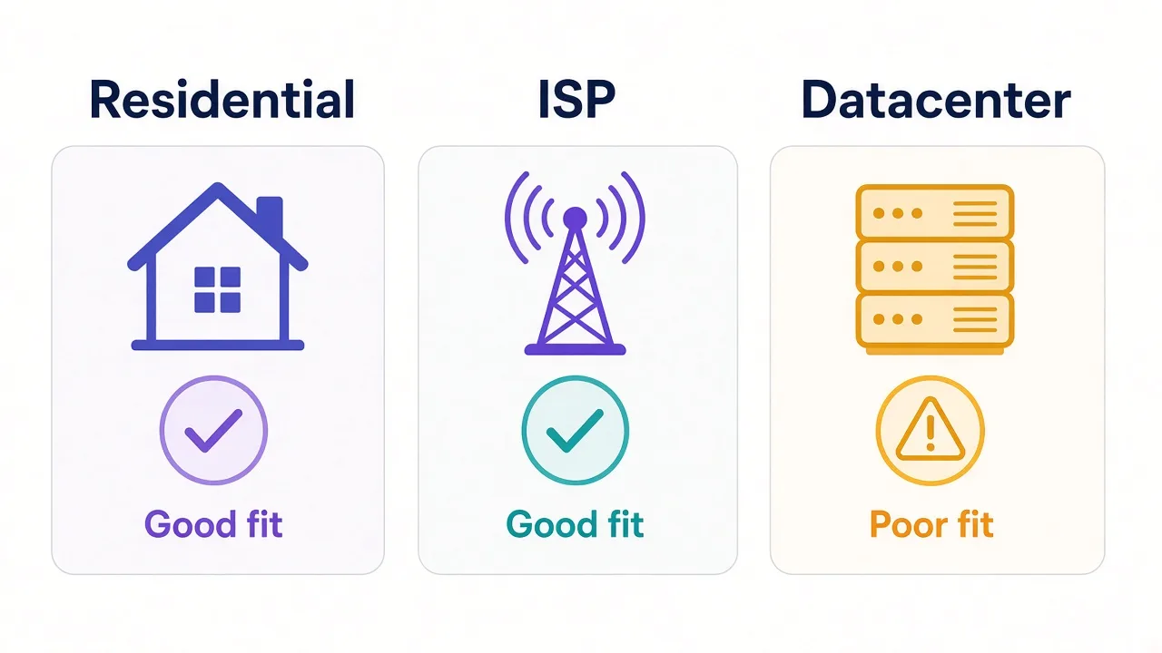 Three-panel diagram comparing residential, ISP, and datacenter proxies for LinkedIn work