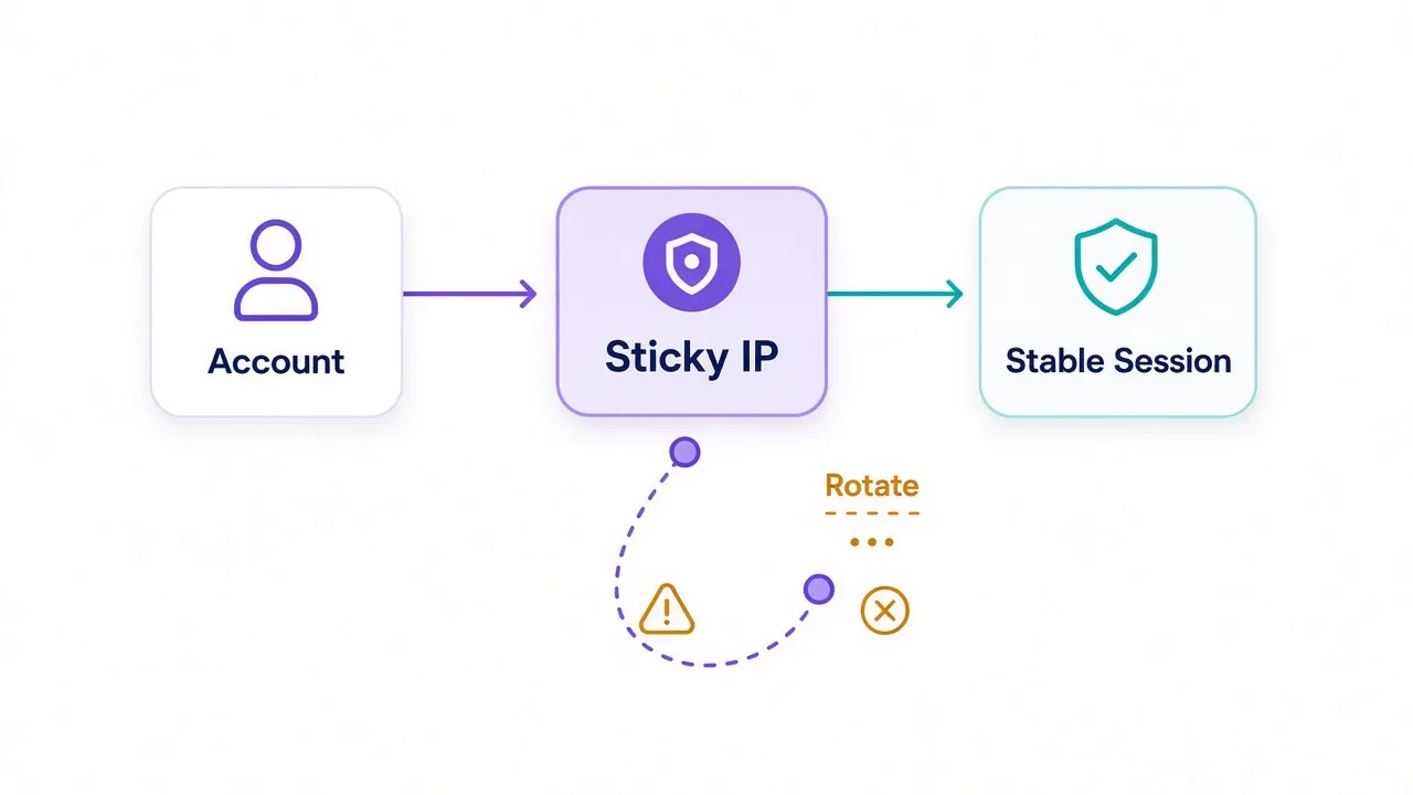 Left-to-right flow: LinkedIn account, sticky proxy, stable session versus rotating exits that trigger challenges