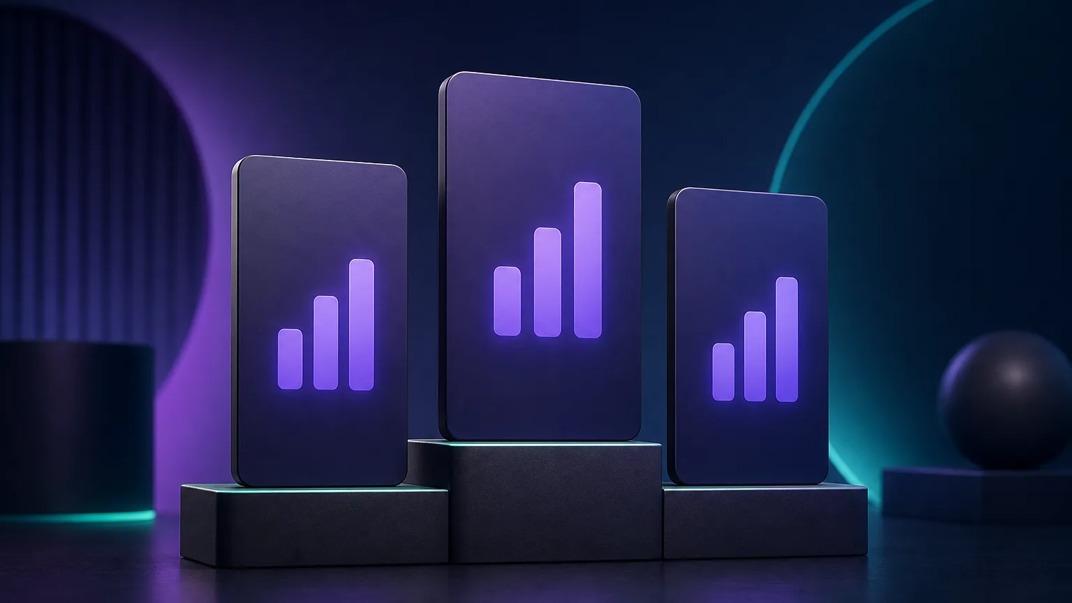 Three product cards standing side by side on a podium like a ranking, each showing a small chart icon, representing a comparison of market-research proxy providers