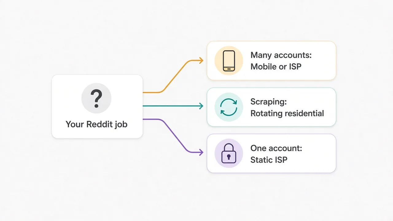 Decision diagram matching your Reddit job to a proxy type: many accounts use mobile or ISP proxies, scraping uses rotating residential, and one account uses a static ISP proxy