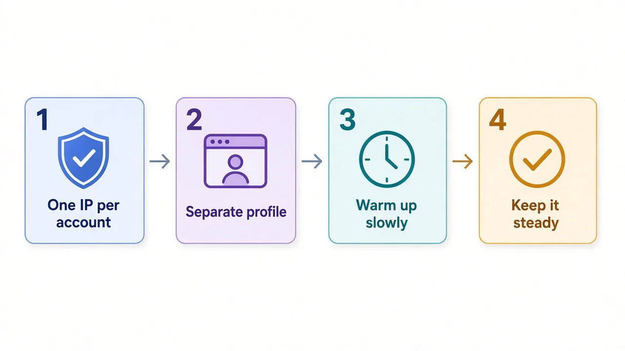 Four-step setup for Reddit accounts: one IP per account, a separate browser profile, warm up slowly, then keep it steady