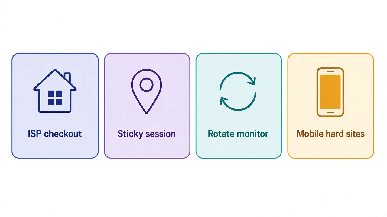 Four-panel row comparing ISP, sticky residential, rotating residential and mobile proxies for sneaker drops, with each panel labelled for checkout, sessions, monitoring or hard fingerprinting
