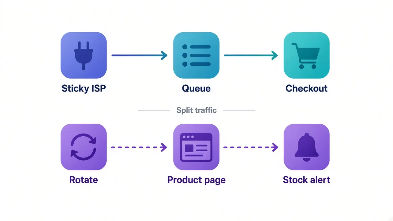 Left-to-right flow showing sticky ISP checkout versus rotating residential monitoring for a sneaker drop