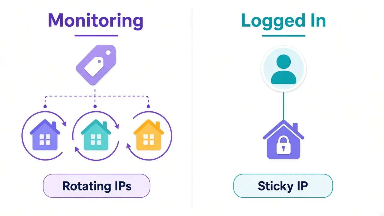 Two-column diagram showing rotating residential proxies for price and inventory monitoring on the left and sticky or ISP proxies for one logged-in account on the right