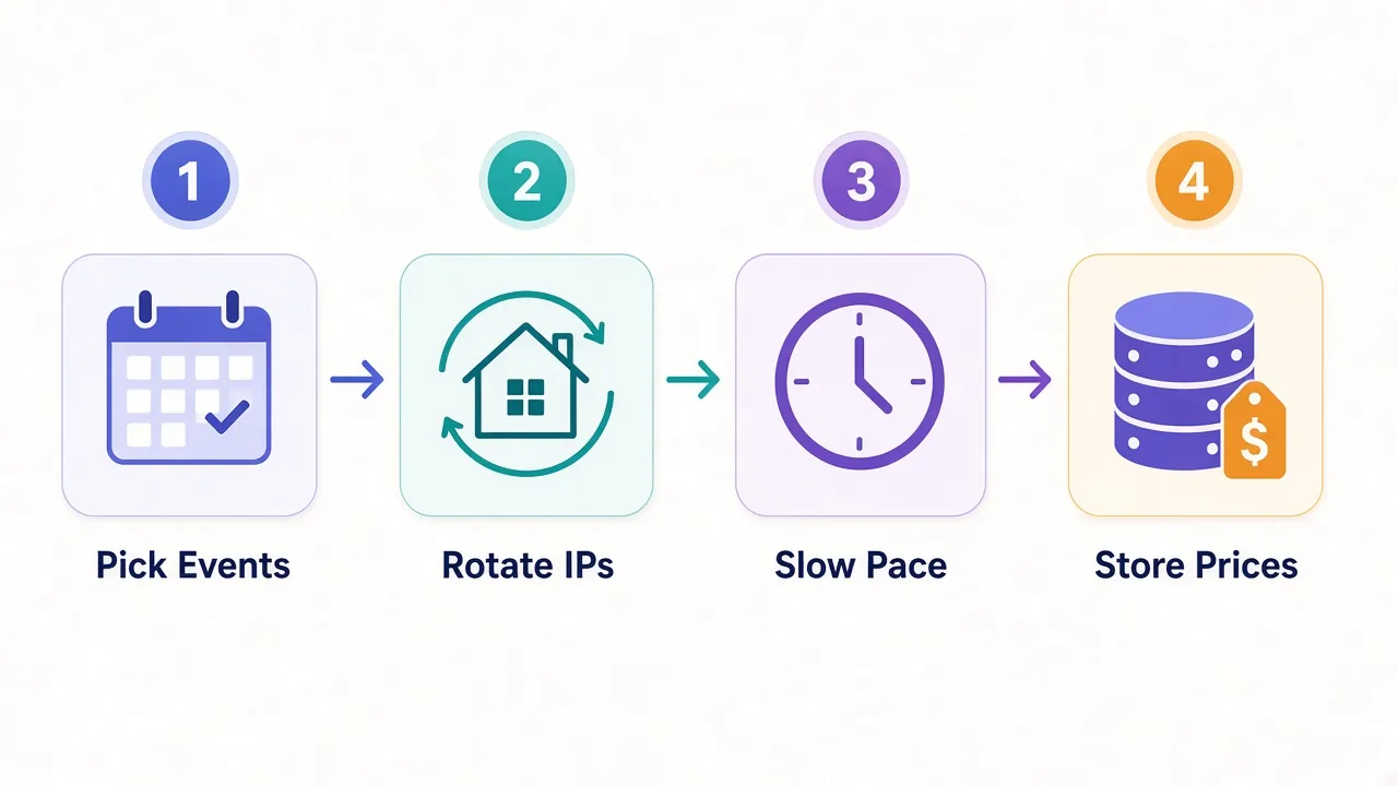 Four-step left-to-right flow for a polite ticket price monitor: pick events, rotate residential IPs, pace requests, store and compare prices