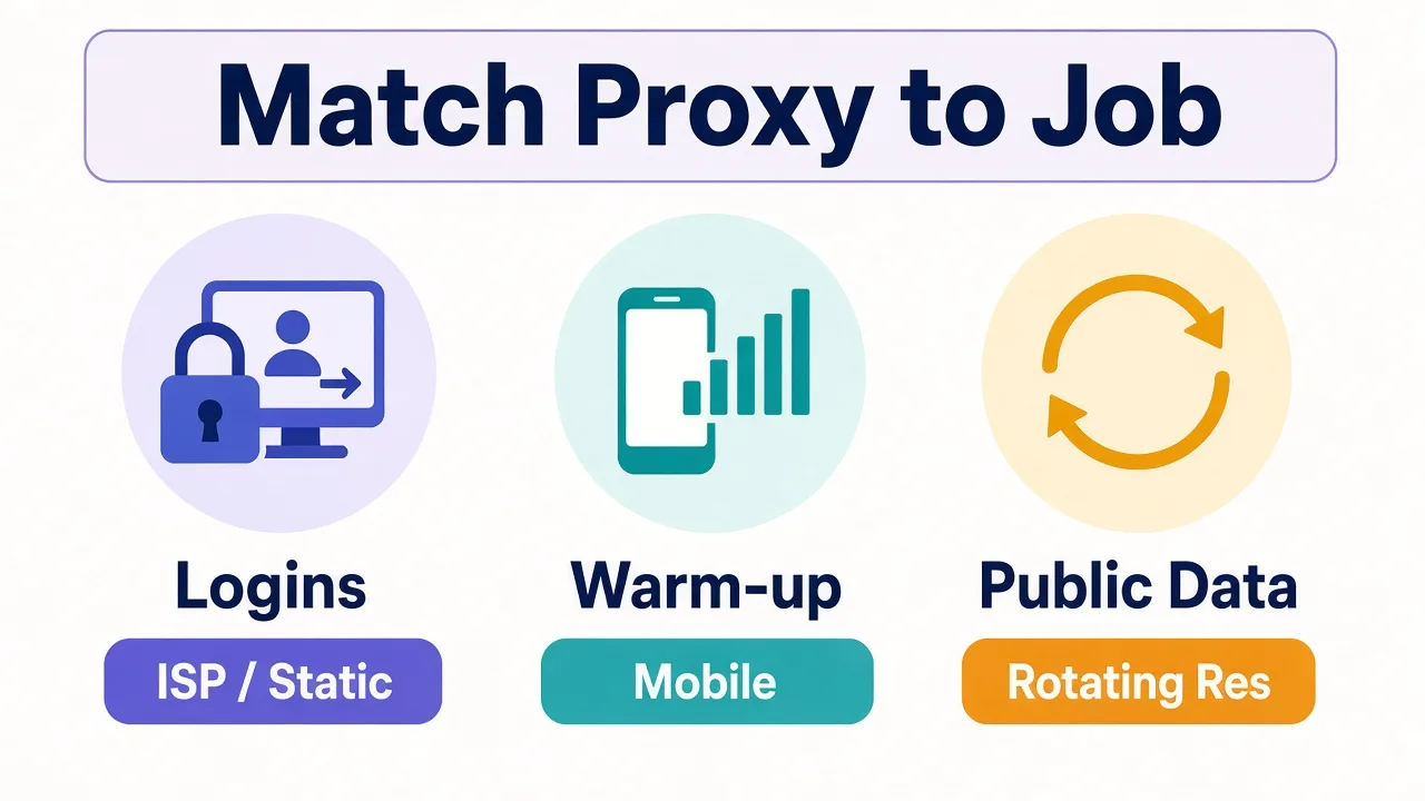 Diagram matching X jobs to proxy types: ISP for logins, mobile for warm-up, rotating residential for public scraping