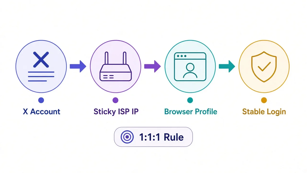 Left-to-right flow: one X account maps to one sticky ISP IP and one antidetect browser profile