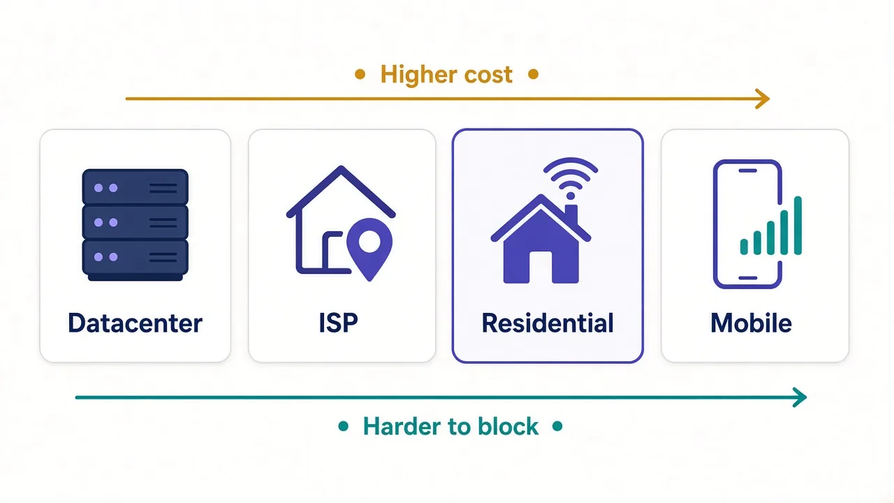 Comparison of four proxy types for YouTube from datacenter to mobile, rising in cost and in how hard they are to block
