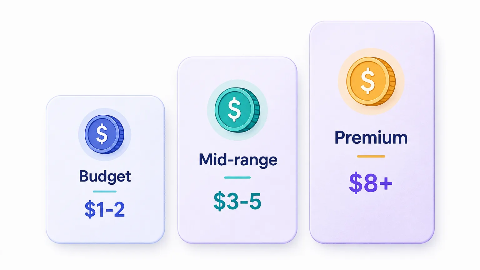 Three ascending tiers of residential proxy pricing: budget around one to two dollars per gigabyte, mid-range three to five, and premium eight plus