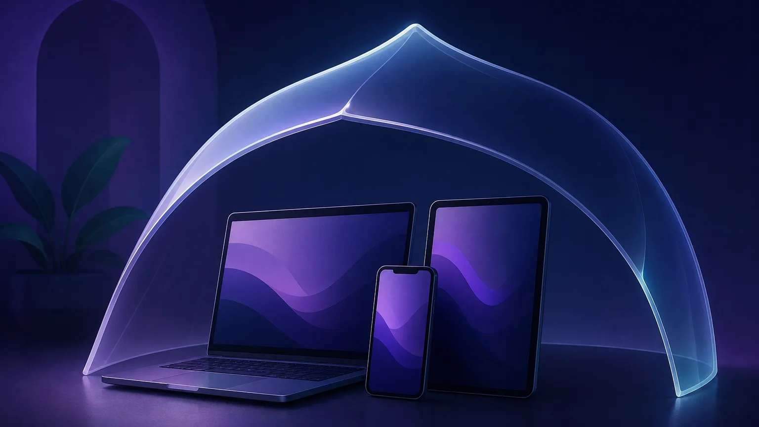 A single glowing protective shield arcing like an umbrella over a small cluster of devices — a laptop, a phone and a tablet — on a clean surface, representing one VPN covering many devices