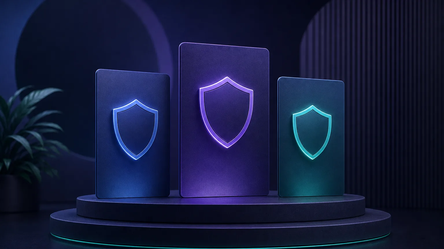 Three product cards standing side by side on a podium like a ranking, each with a small shield icon, representing a comparison of multi-device VPNs