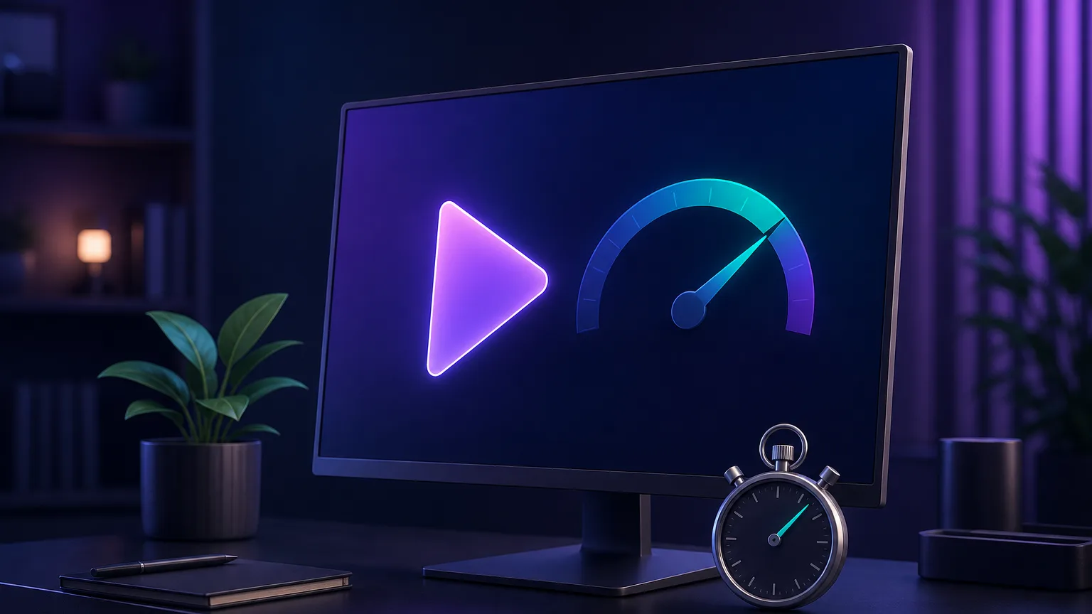 A monitor on a tidy desk showing a large glowing play-button triangle beside a simple speed gauge and a small stopwatch, representing streaming speed and unblocking tests