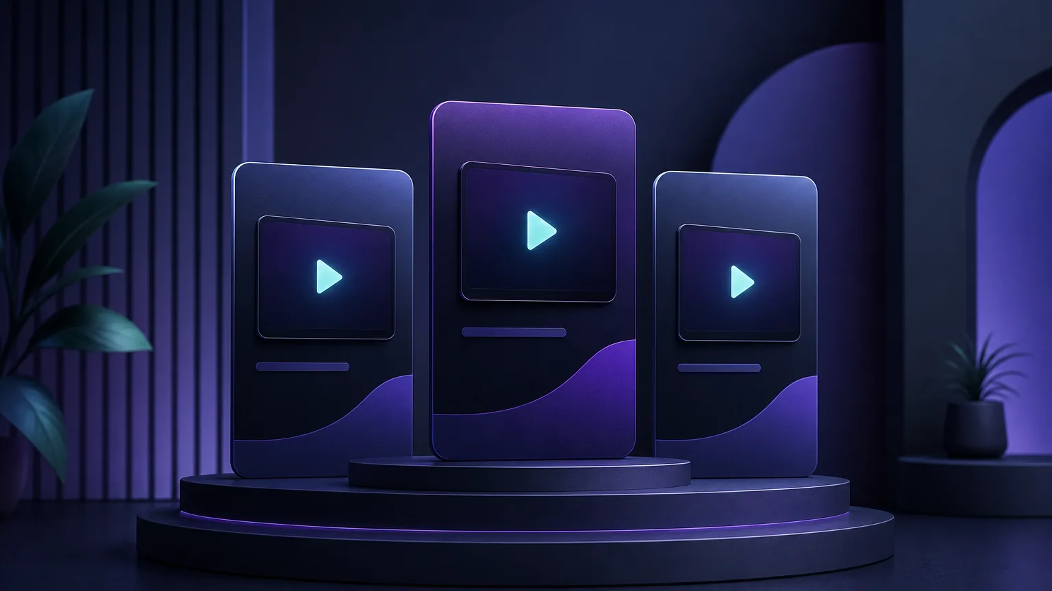 Three product cards standing side by side on a podium like a ranking, each with a small screen and a play-button icon, representing a comparison of streaming VPNs