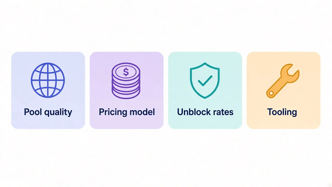 Four comparison pillars for Bright Data alternatives: pool quality, pricing model, unblock rates, and tooling