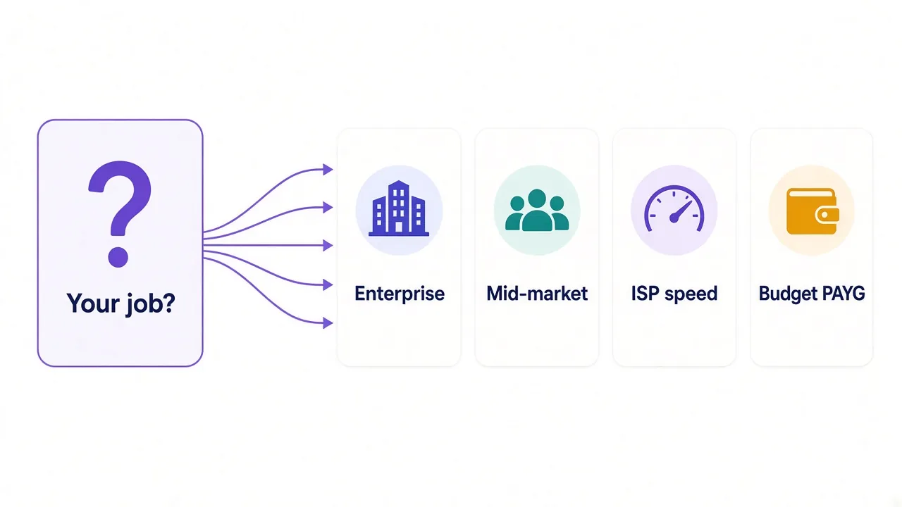 Decision flow choosing a Bright Data alternative by job: enterprise scale, mid-market ease, ISP speed, or budget pay-as-you-go