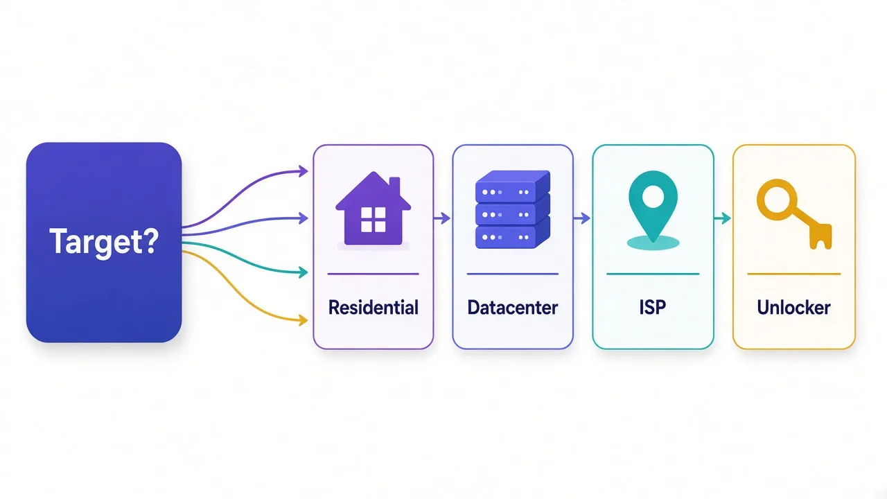 Decision diagram choosing residential, datacenter, ISP, or unlocker based on target difficulty