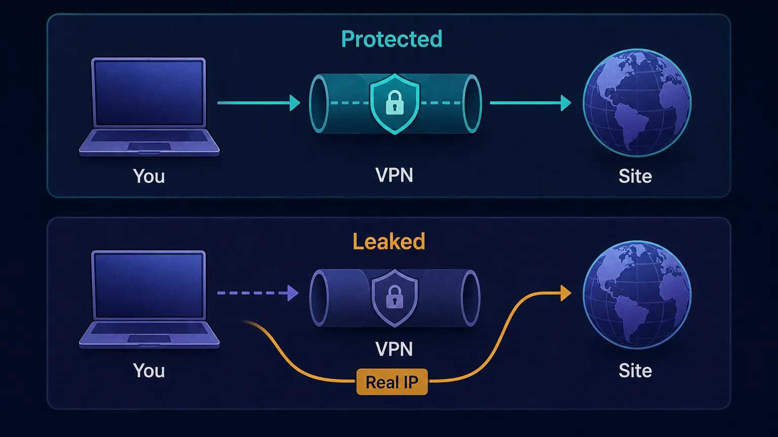 Flow diagram contrasting protected traffic routed through the VPN tunnel with leaked traffic that bypasses the tunnel and exposes the real IP