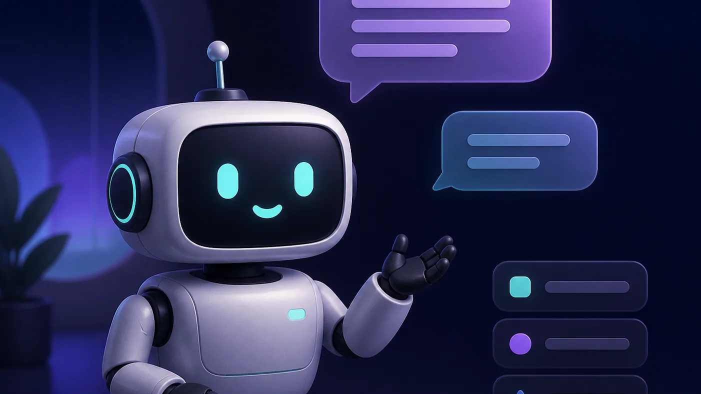 A small friendly boxy robot on a screen responding with speech bubbles and menu-button options, representing a traditional rule-based chatbot