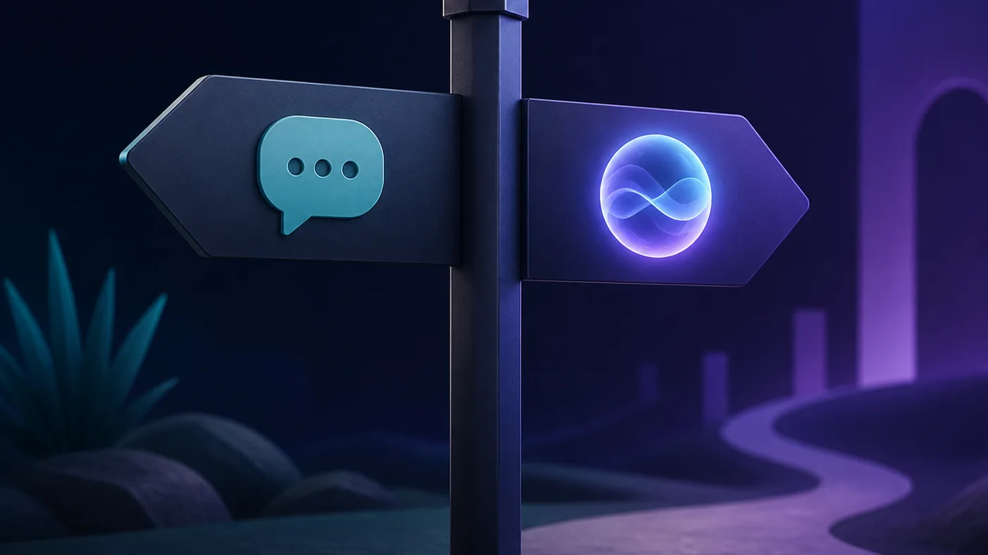 A two-way signpost in the foreground with one arrow pointing toward a simple chat bubble and the other toward a glowing AI assistant orb, representing choosing between a traditional chatbot and ChatGPT
