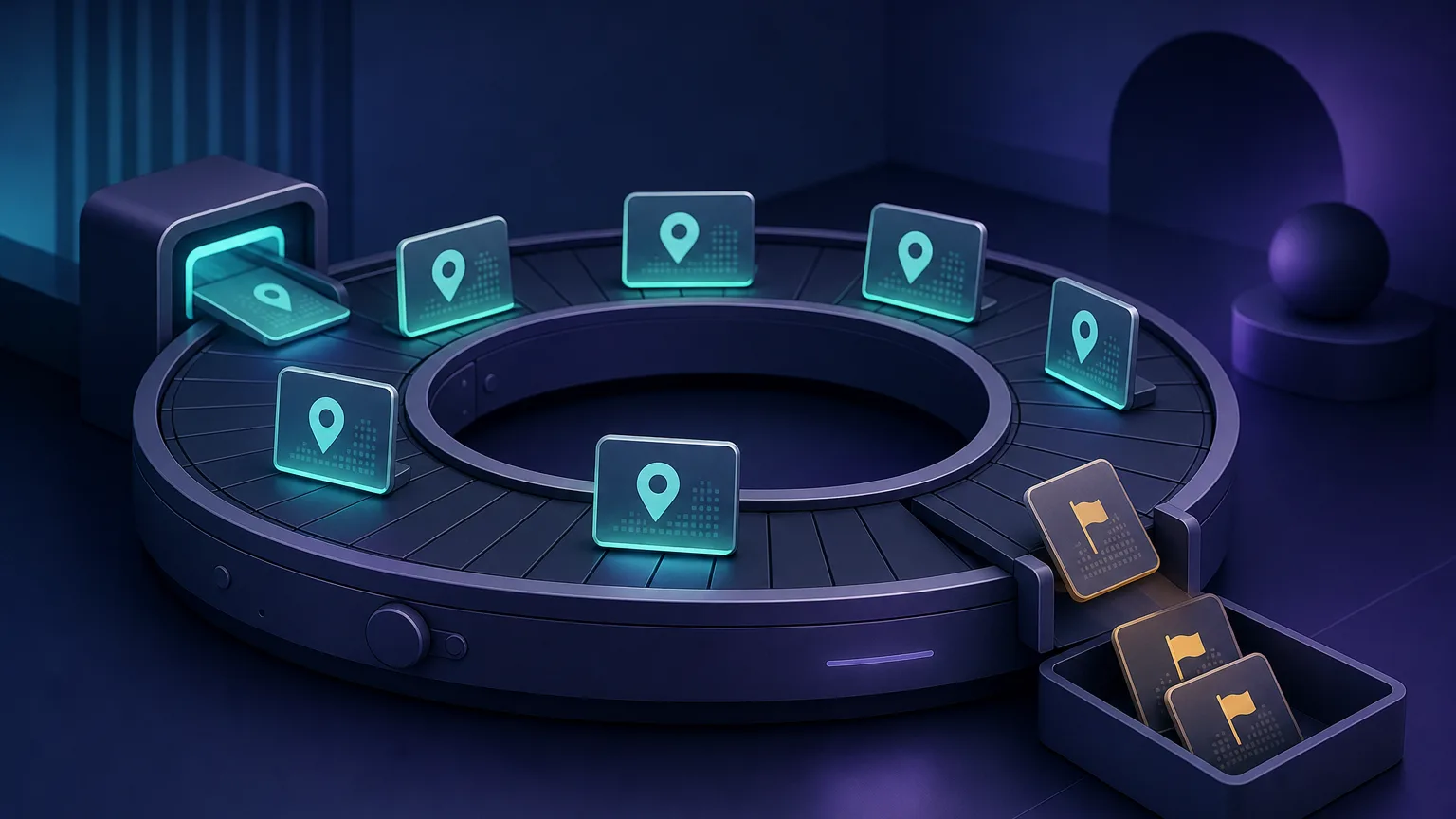 A circular conveyor loop of IP cards where fresh glowing cards enter on one side and flagged cards with warning badges drop out the other