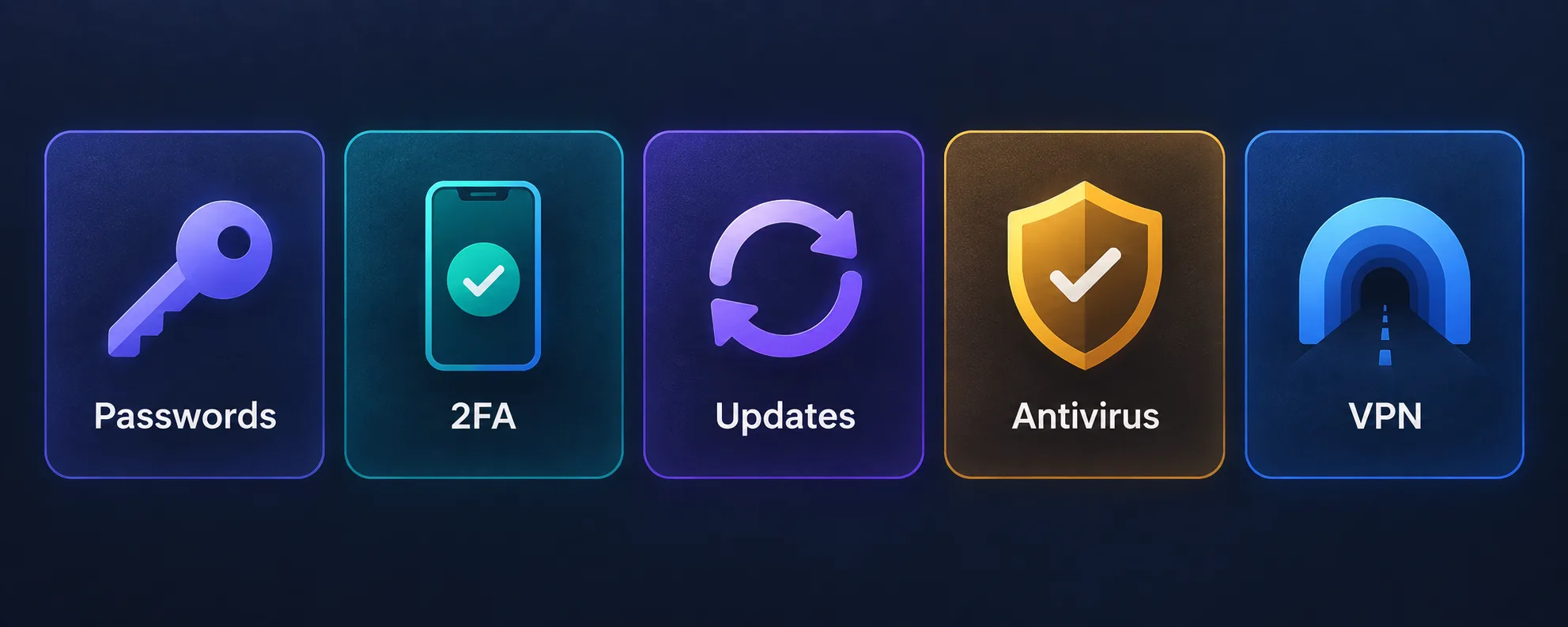 Diagram of five side-by-side layers of personal security: unique passwords, two-factor authentication, software updates, antivirus, and a VPN