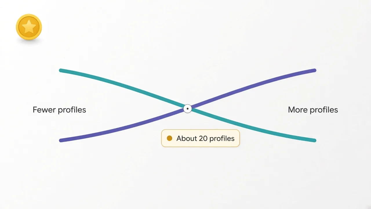 Chart of two monthly cost lines that cross at about 20 profiles: Dolphin Anty is cheaper with fewer profiles, AdsPower is cheaper with more
