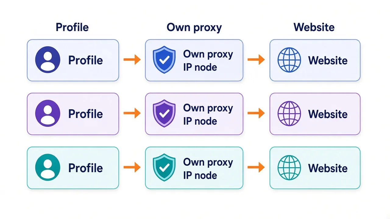 Flow diagram of three browser profiles, each routed through its own dedicated proxy IP before reaching the website