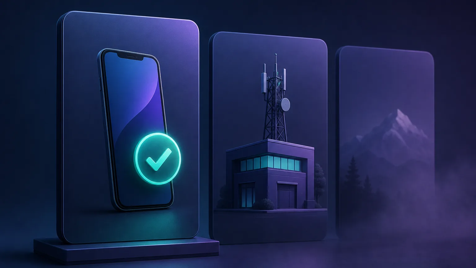 Three illustrated cards comparing residential proxy IP sourcing models: an opt-in smartphone with a consent check badge, a carrier building, and an obscured card in shadow