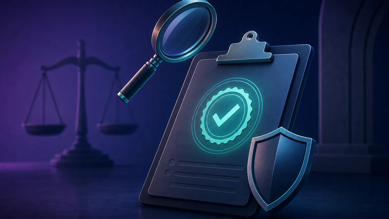 A compliance clipboard with a glowing approval seal and a protective shield, examined under a magnifying glass with the silhouette of scales of justice behind