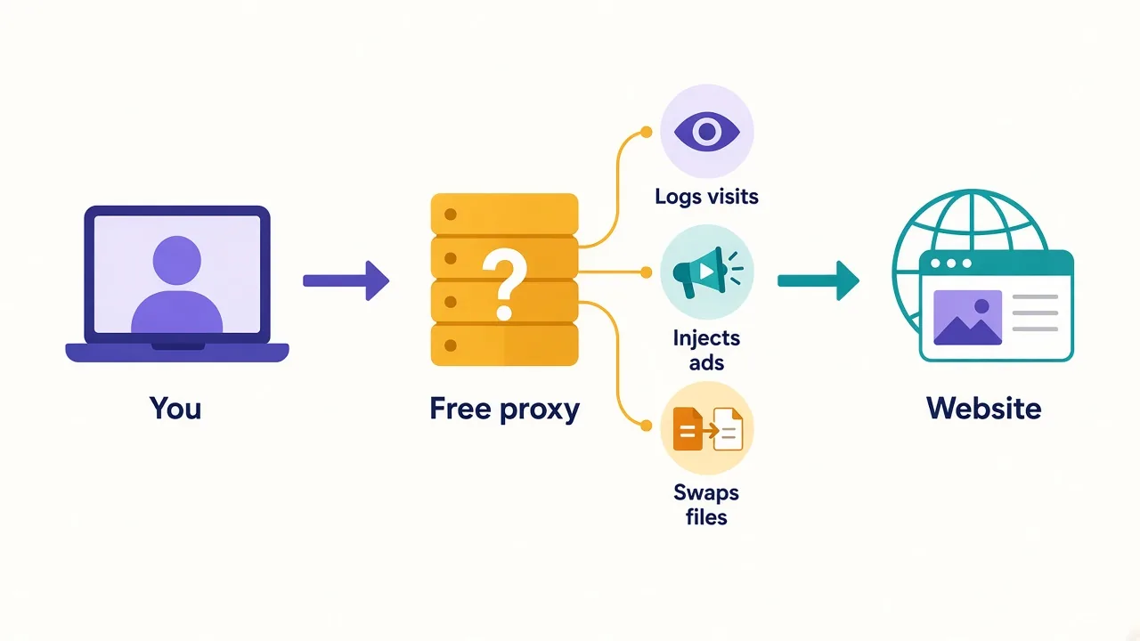 Diagram of traffic passing from a laptop through a free proxy to a website, with the proxy able to log visits, inject ads and swap downloaded files
