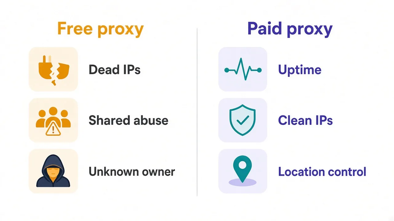 Side-by-side comparison of a free proxy and a paid proxy, showing dead IPs, shared abuse and unknown owner on the free side, and uptime, clean IPs and location control on the paid side