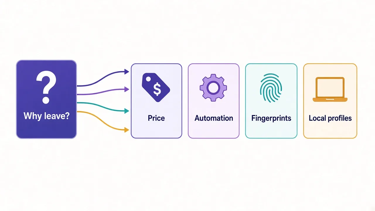 Decision diagram that starts from your main reason for leaving GoLogin and points to price, automation, fingerprint quality or local profiles as the path to follow