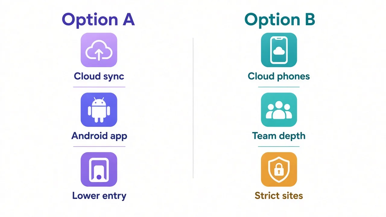 Side-by-side comparison of GoLogin and Multilogin strengths: cloud Android app versus cloud phones and team depth