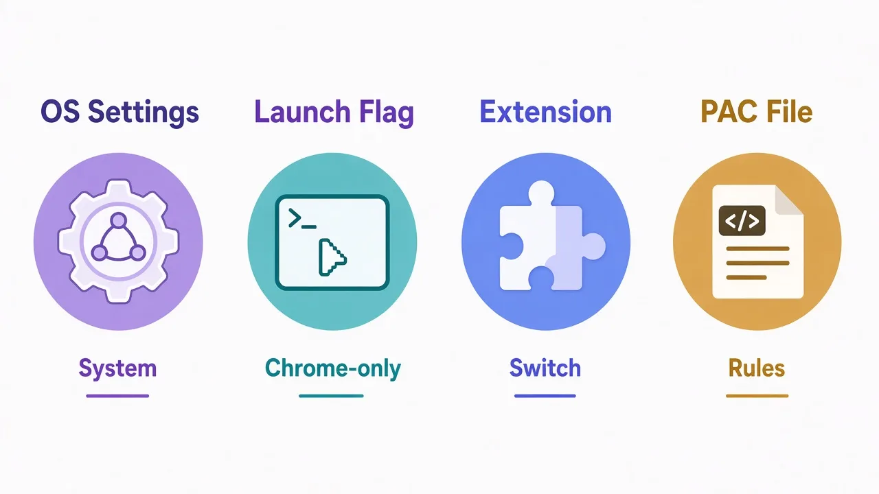 Four Chrome proxy paths as a left-to-right row: OS settings, launch flags, extensions, and PAC files