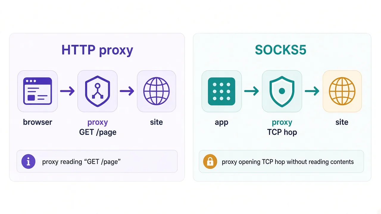 Side-by-side diagram of an HTTP proxy handling a web request versus a SOCKS5 proxy forwarding a raw TCP connection