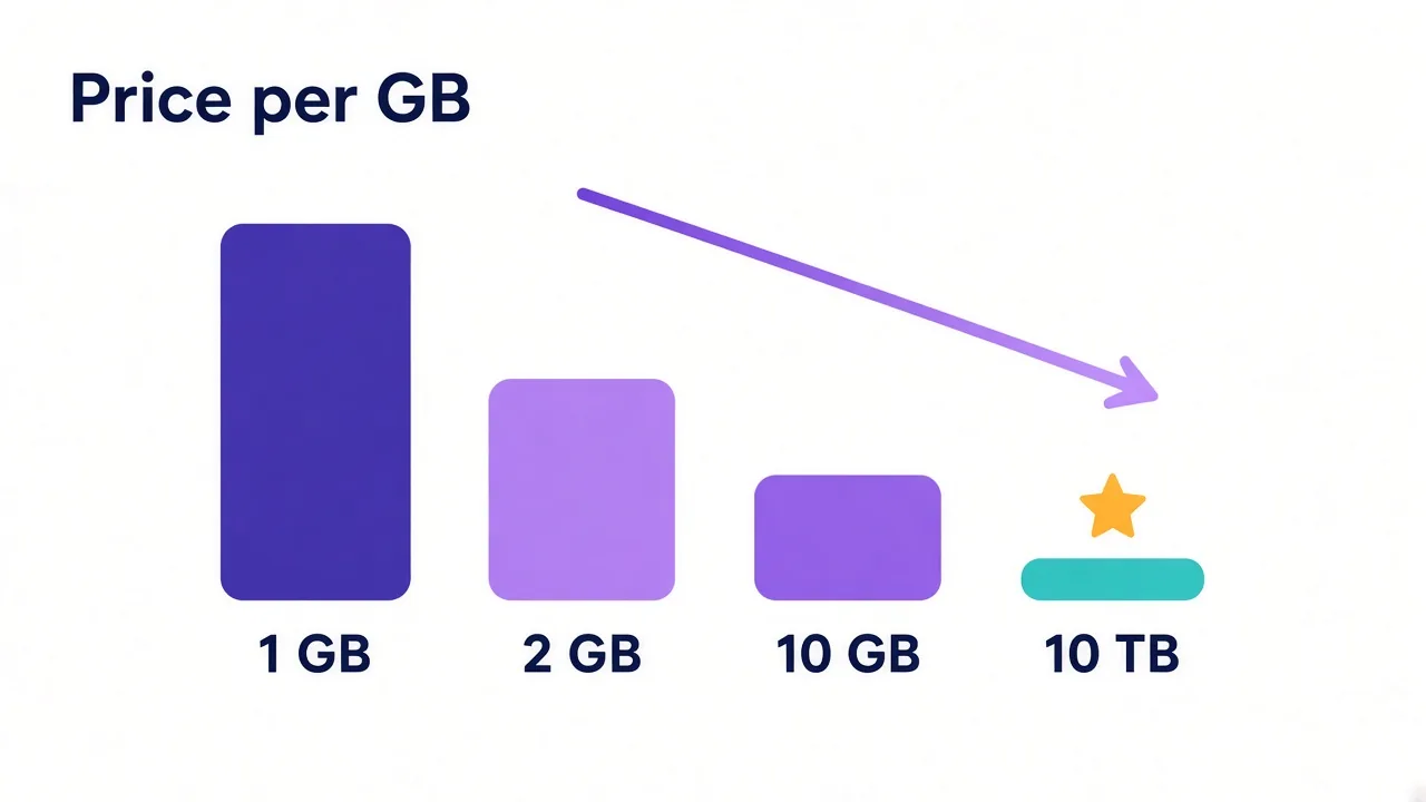 Bar chart showing IPRoyal residential price per GB falling from the 1 GB tier to the 10 TB custom tier